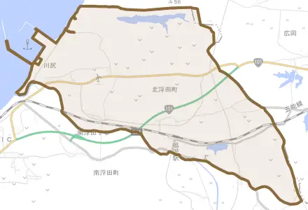 大字北浮田町とその周辺の地図。町の範囲を重ねている