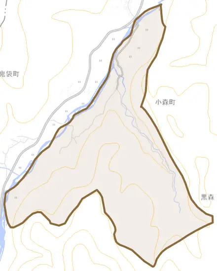 大字小森町とその周辺の地図。町の範囲を重ねている