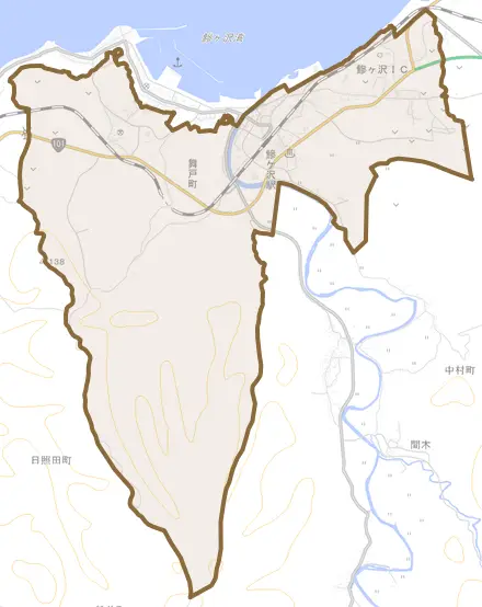 大字舞戸町とその周辺の地図。町の範囲を重ねている