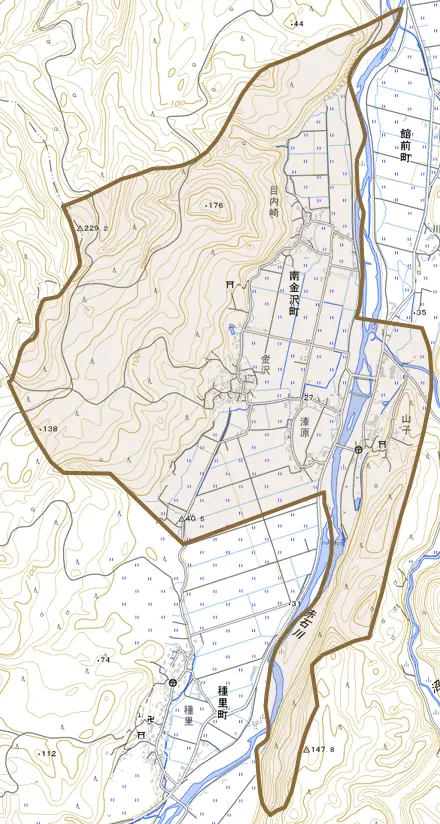 大字南金沢町とその周辺の地図。町の範囲を重ねている