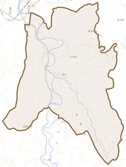 大字中村町とその周辺の地図。町の範囲を重ねている