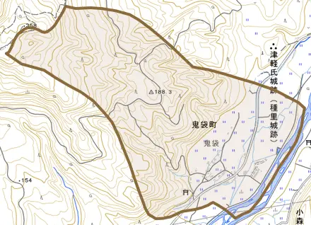 大字鬼袋町とその周辺の地図。町の範囲を重ねている