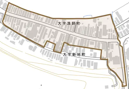 大字漁師町とその周辺の地図。町の範囲を重ねている
