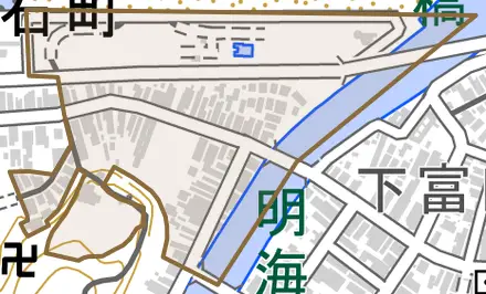 大字田中町とその周辺の地図。町の範囲を重ねている