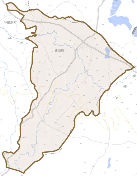 大字建石町とその周辺の地図。町の範囲を重ねている
