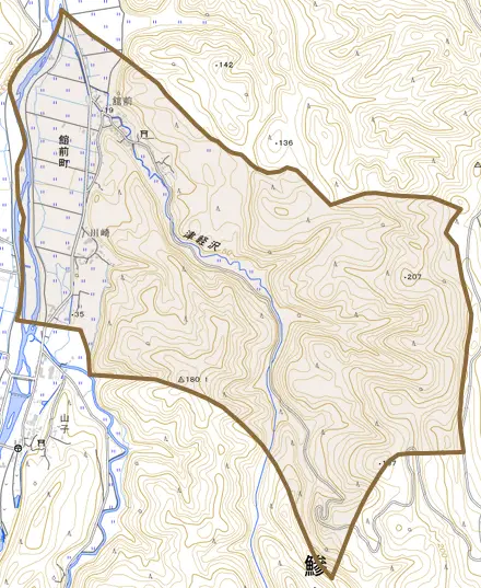 大字館前町とその周辺の地図。町の範囲を重ねている