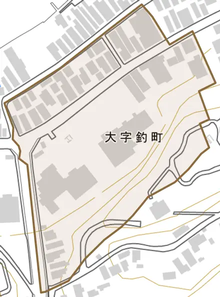 大字釣町とその周辺の地図。町の範囲を重ねている