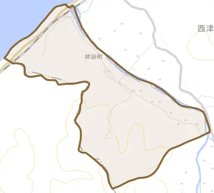 大字姥袋町とその周辺の地図。町の範囲を重ねている