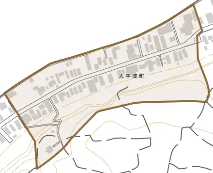 大字淀町とその周辺の地図。町の範囲を重ねている