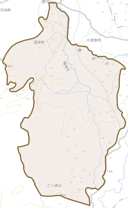大字湯舟町とその周辺の地図。町の範囲を重ねている