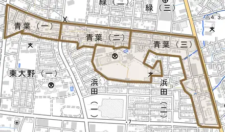 青葉とその周辺の地図。町の範囲を重ねている