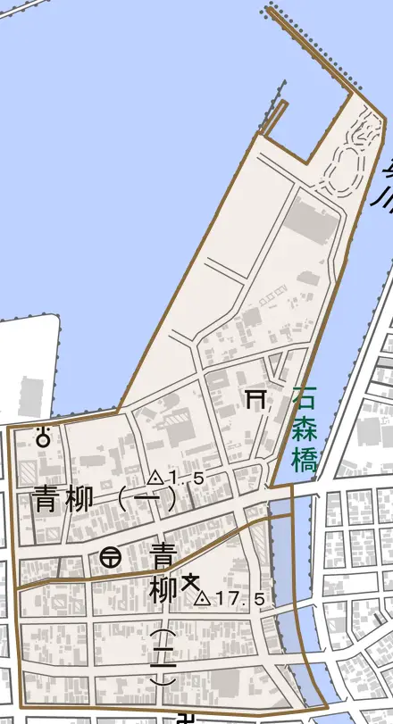 青柳とその周辺の地図。町の範囲を重ねている