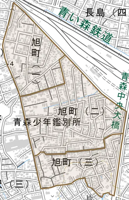 旭町とその周辺の地図。町の範囲を重ねている