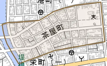 茶屋町とその周辺の地図。町の範囲を重ねている