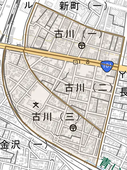 古川とその周辺の地図。町の範囲を重ねている