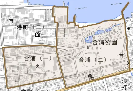 合浦とその周辺の地図。町の範囲を重ねている