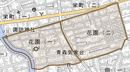 花園とその周辺の地図。町の範囲を重ねている
