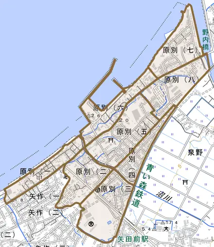 原別とその周辺の地図。町の範囲を重ねている