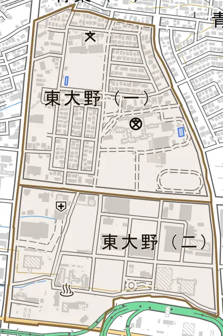 東大野とその周辺の地図。町の範囲を重ねている