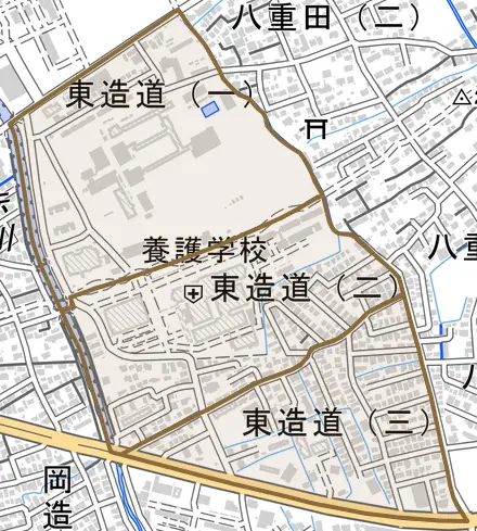 東造道とその周辺の地図。町の範囲を重ねている