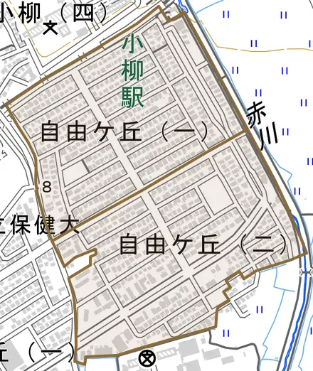 自由ケ丘とその周辺の地図。町の範囲を重ねている