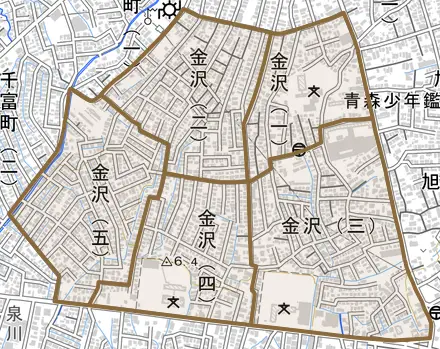 金沢とその周辺の地図。町の範囲を重ねている