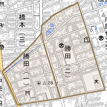 勝田とその周辺の地図。町の範囲を重ねている