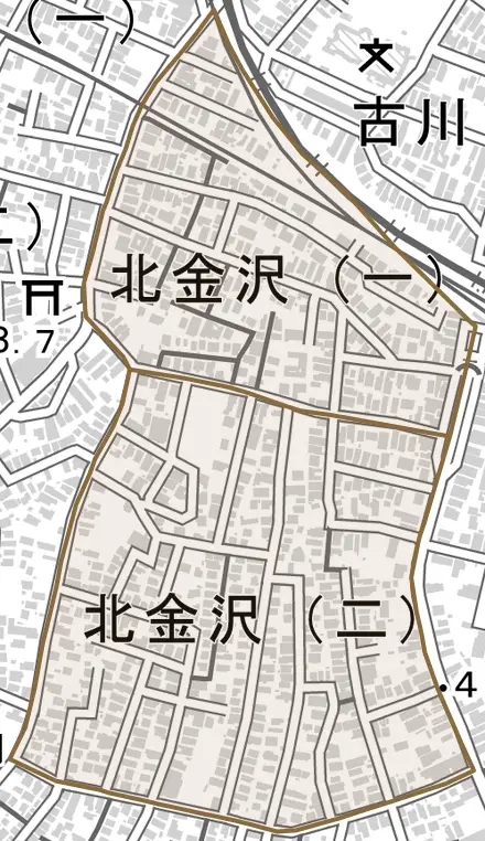 北金沢とその周辺の地図。町の範囲を重ねている