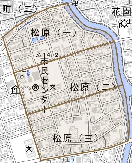 松原とその周辺の地図。町の範囲を重ねている