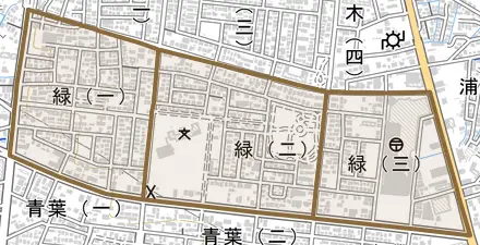 緑とその周辺の地図。町の範囲を重ねている