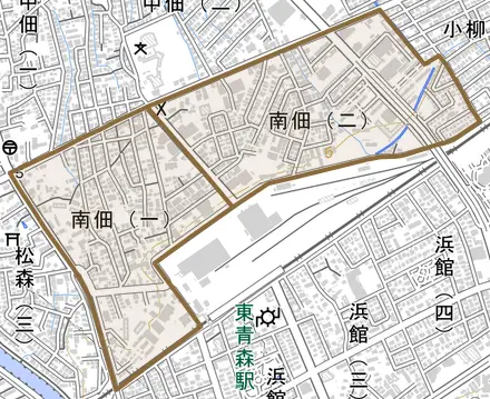 南佃とその周辺の地図。町の範囲を重ねている