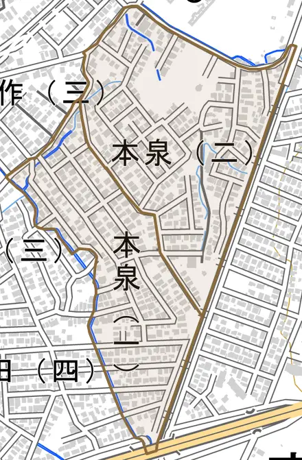 本泉とその周辺の地図。町の範囲を重ねている