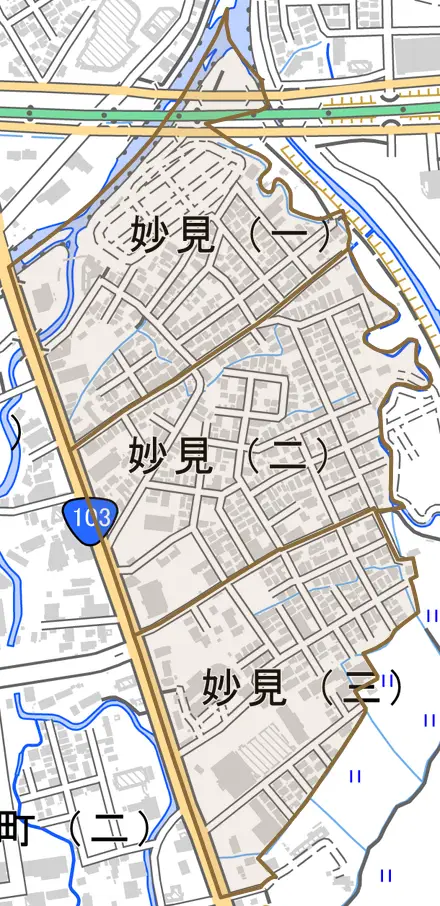 妙見とその周辺の地図。町の範囲を重ねている
