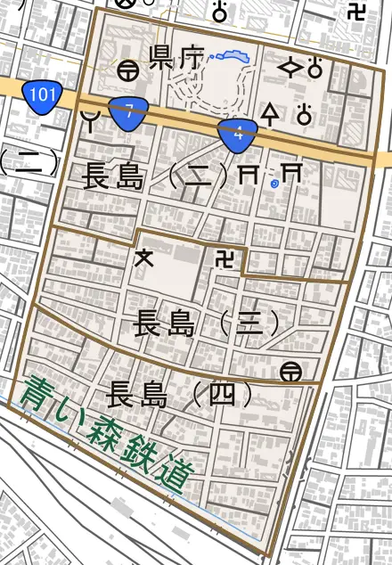 長島とその周辺の地図。町の範囲を重ねている