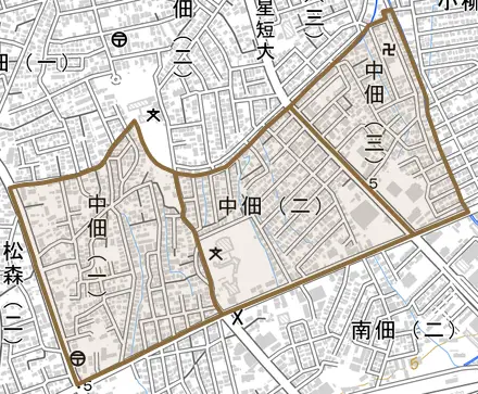 中佃とその周辺の地図。町の範囲を重ねている