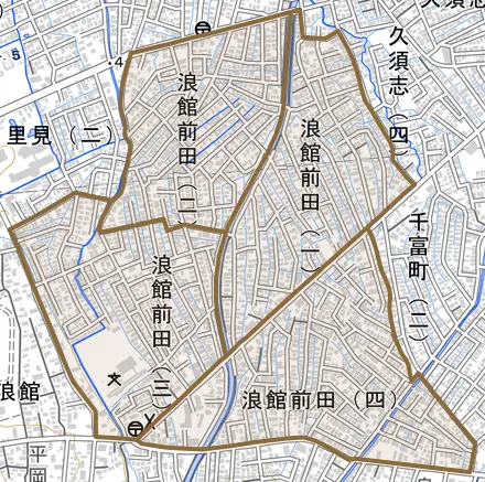 浪館前田とその周辺の地図。町の範囲を重ねている