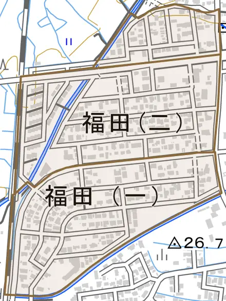 浪岡福田とその周辺の地図。町の範囲を重ねている