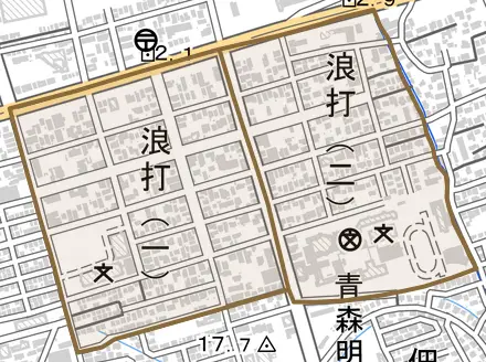 浪打とその周辺の地図。町の範囲を重ねている