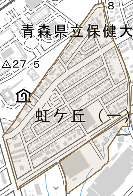 虹ケ丘とその周辺の地図。町の範囲を重ねている
