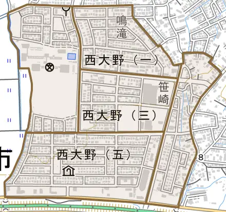 西大野とその周辺の地図。町の範囲を重ねている