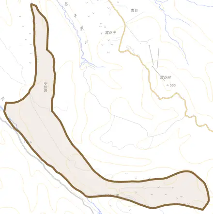 大字野沢とその周辺の地図。町の範囲を重ねている