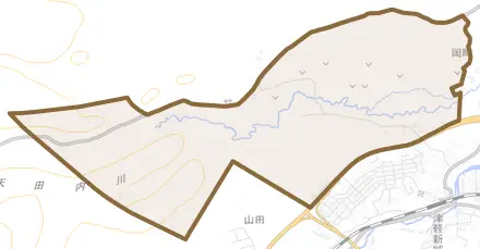 大字岡町とその周辺の地図。町の範囲を重ねている