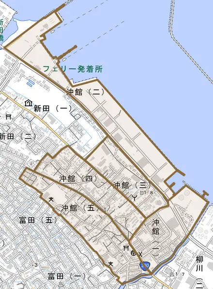 沖館とその周辺の地図。町の範囲を重ねている