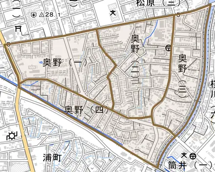 奥野とその周辺の地図。町の範囲を重ねている