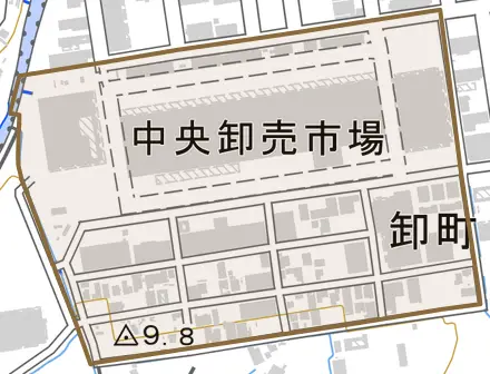 卸町とその周辺の地図。町の範囲を重ねている