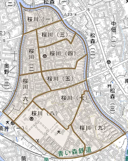 桜川とその周辺の地図。町の範囲を重ねている