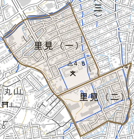 里見とその周辺の地図。町の範囲を重ねている