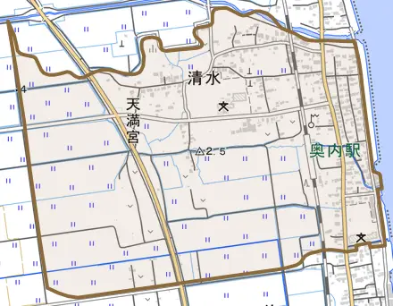 大字清水とその周辺の地図。町の範囲を重ねている