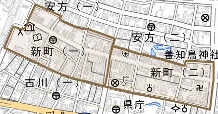 新町とその周辺の地図。町の範囲を重ねている