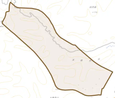 大字新城とその周辺の地図。町の範囲を重ねている
